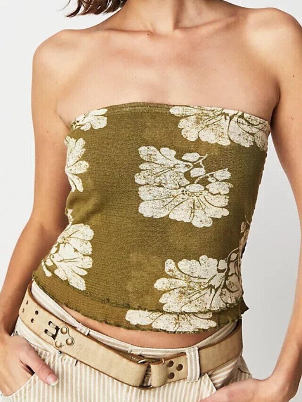 EUC Free People Olive Floral Smocked Tube Top XL Stretch Strapless Boho Crop Top